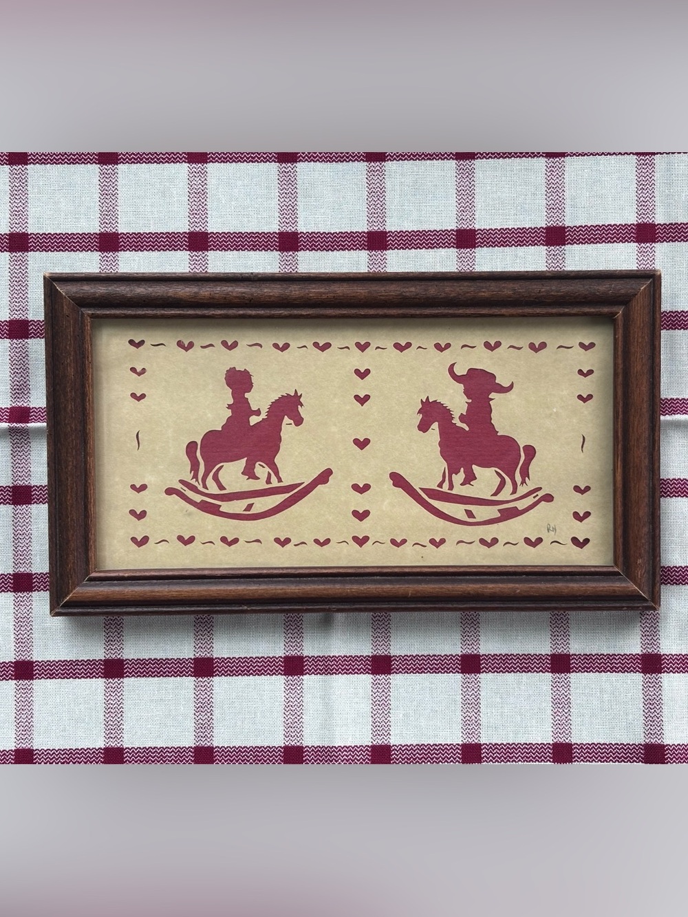 Framed Rocking Horse Silhouette Wall Art - Beige on Red